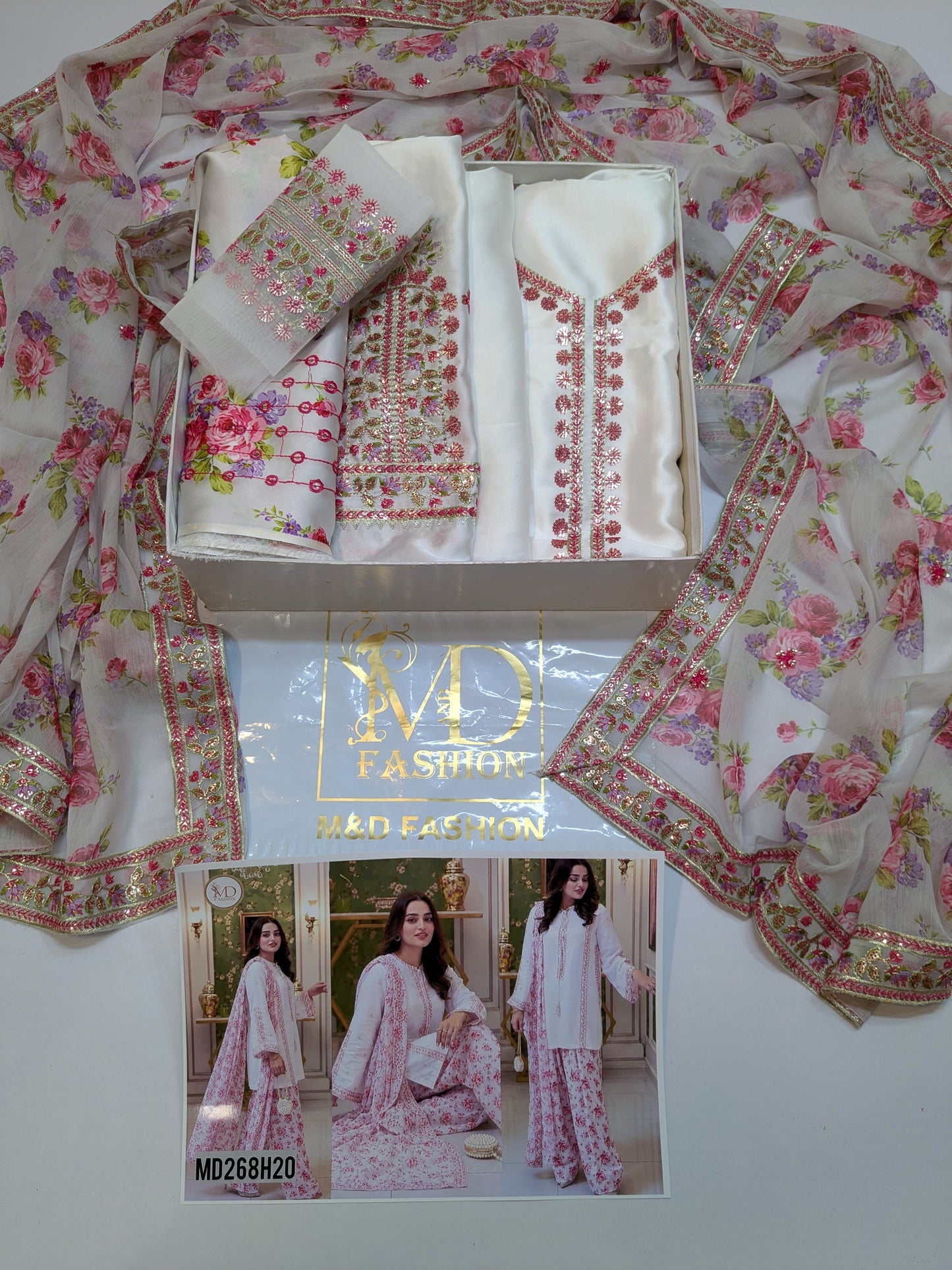 ANEELA INSPIRED WHITE SILK EMBROIDERED