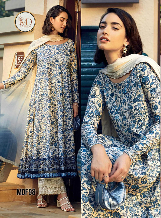 FAIZA SAQLAIN LAWN PRINTED EMBROIDERED SKY DRESS