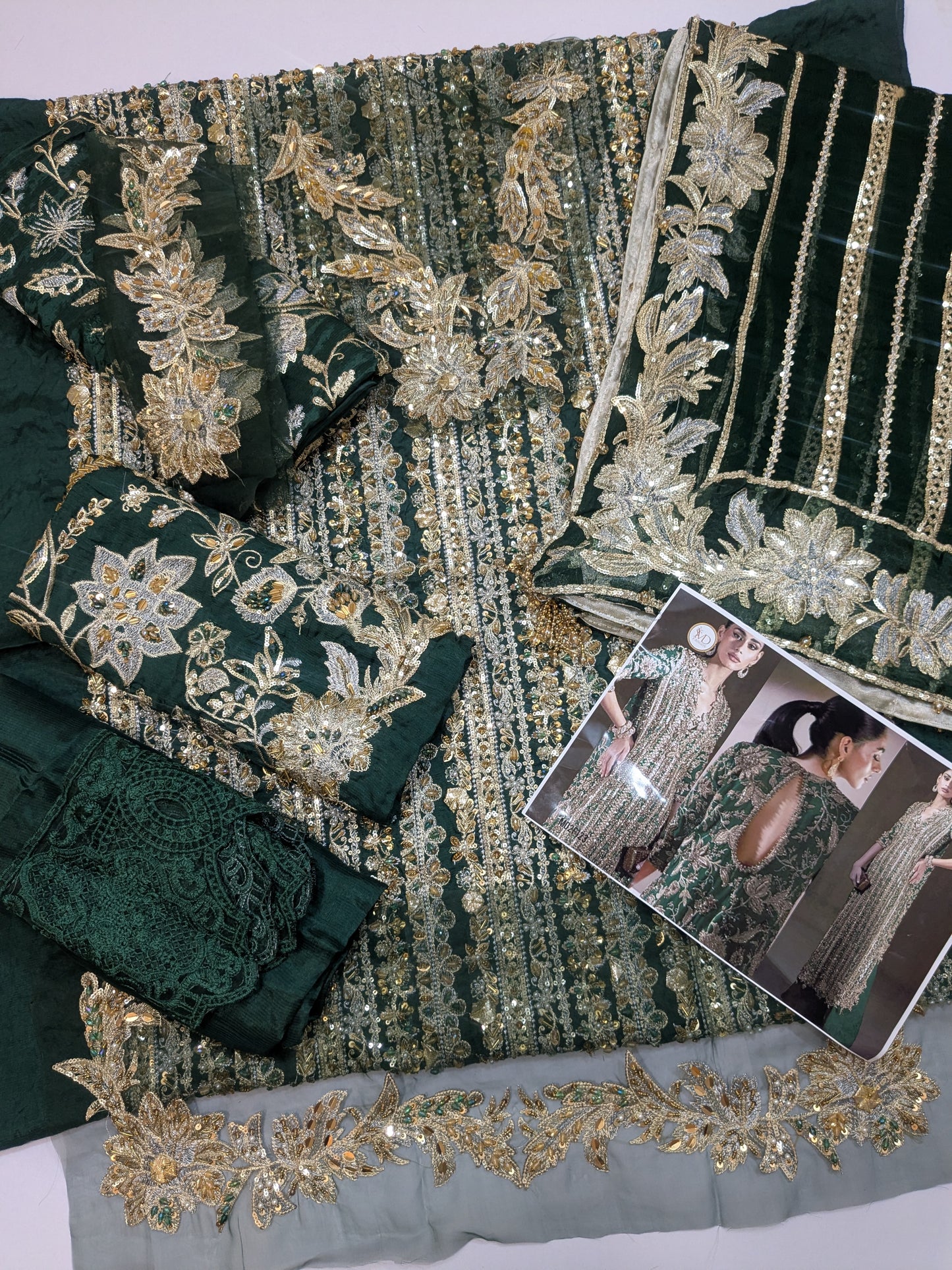 SANA SAFINAZ GREEN PREMIUM RAW SILK HAND EMBELLISHED 3 PIECE