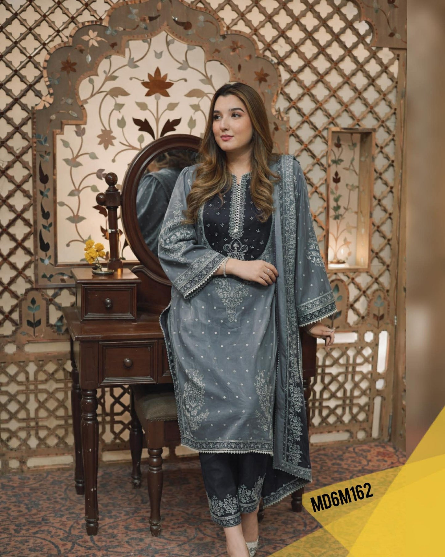 ANEELA GREY BLUE SILK EMBROIDERED