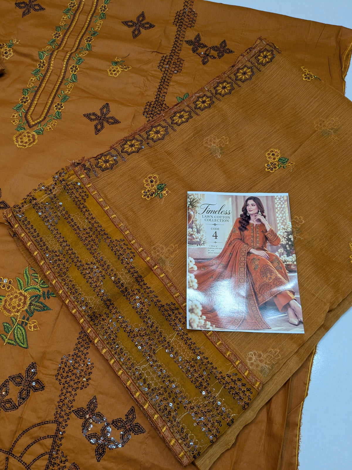 MAHIRA 04 MARIGOLD LAWN COTTON DRESS WITH CHIFFON DUPPATA