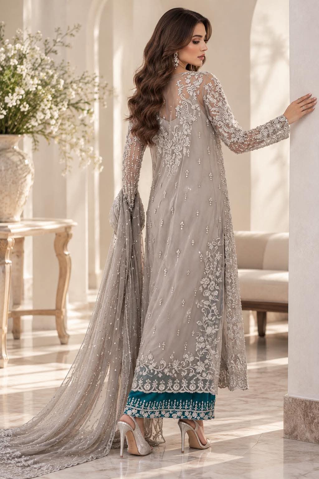 MINA HASSAN INSPIRED PREMIUM NET EMBROIDERED DRESS