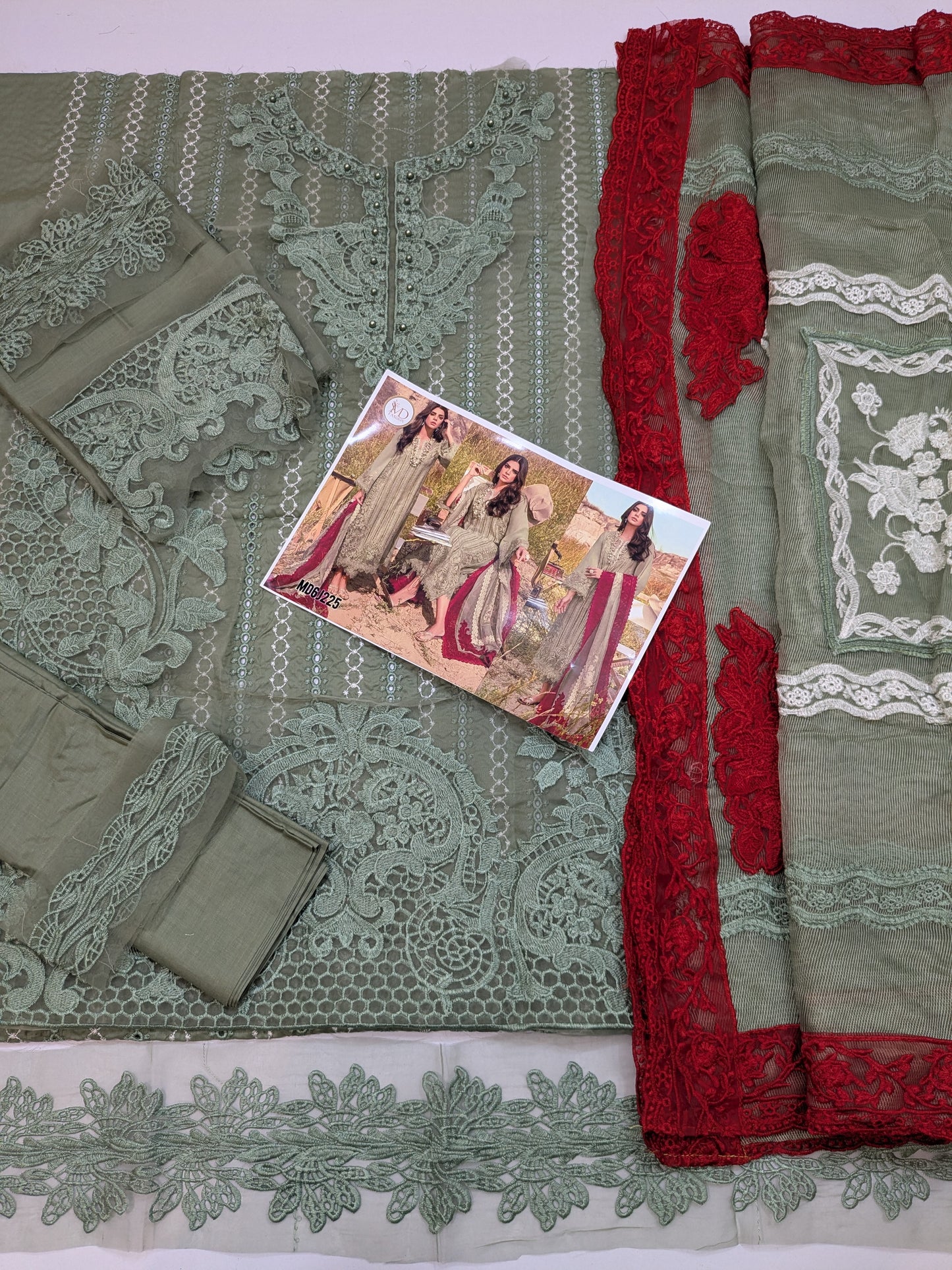 Crimson Opel Chikenkari embroidered Mehndi green