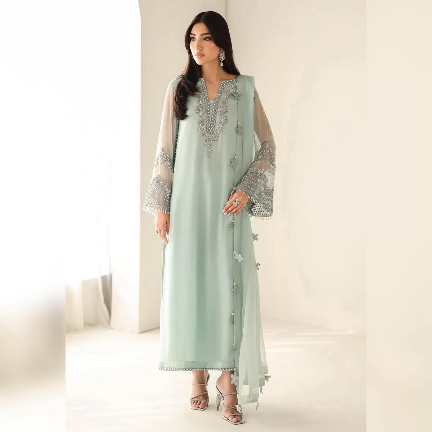 BAROQUE INSPIRED SEA GREEN CHIFFON EMBROIDERED