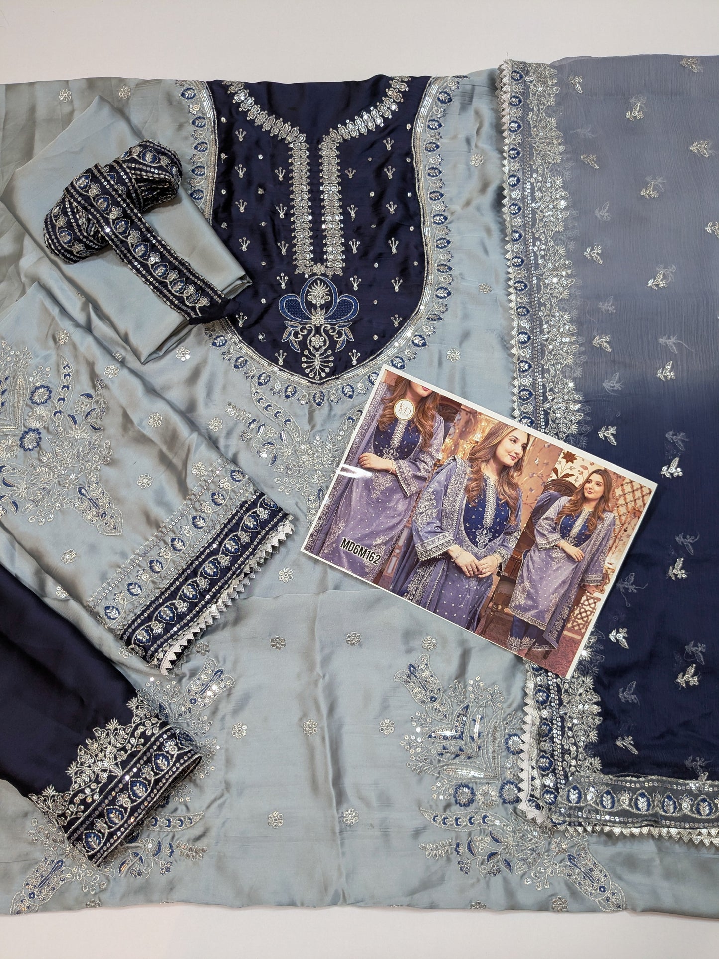 ANEELA GREY BLUE SILK EMBROIDERED