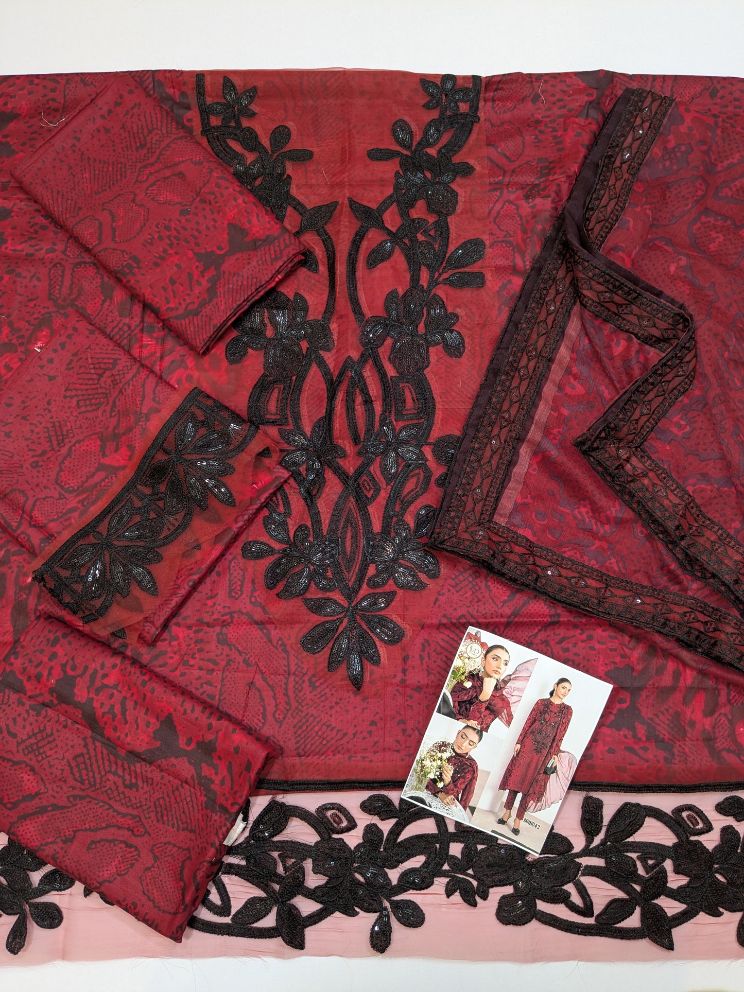 MARIA B LAWN RED BLACK SNACK PRINT EMBROIDERED