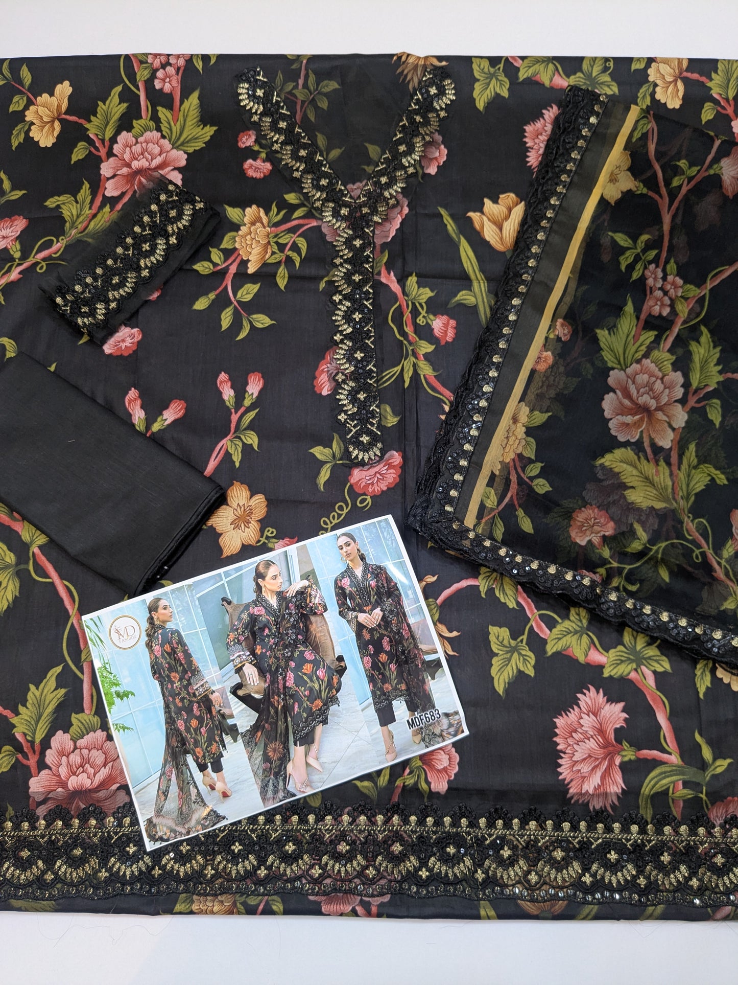 NUREH GARDENIA BLACK LAWN PRINTED EMBROIDERED