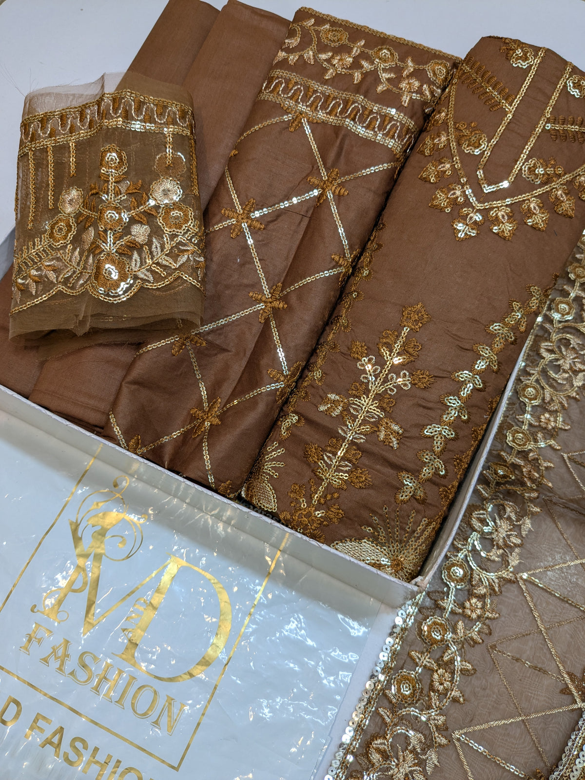 TIMELESS 21 BROWN LAWN COTTON WITH ORGANZA DUPPATA
