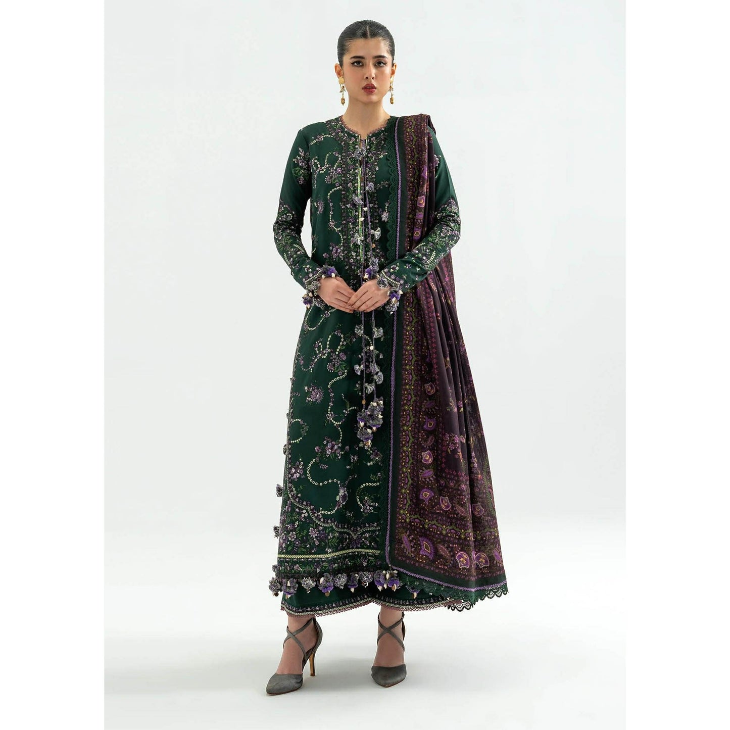 MOHSIN NAVEED RANJHA KHADDAR EMBROIDERED GREEN DRESS