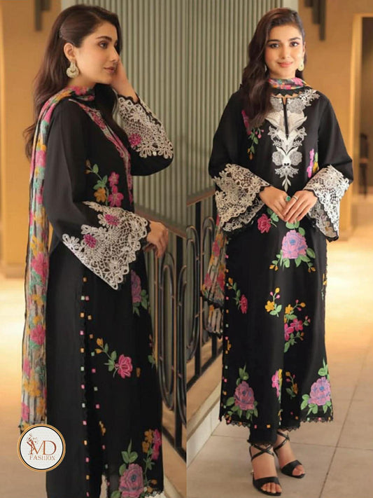 Aneela Tooba Black Lawn with ready chiffon duppata