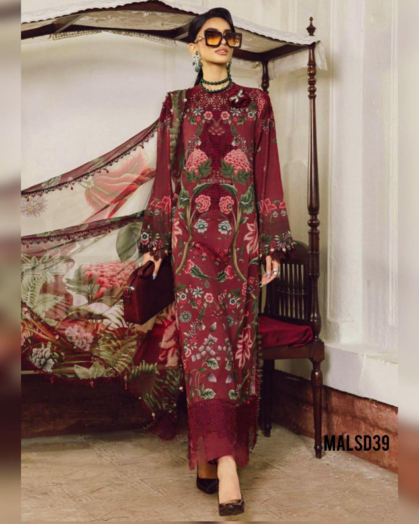 MARIA B MAROON 27A LAWN DRESS WITH READY CHIFFON DUPPATA