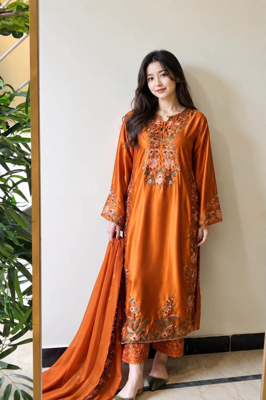 MAHIRA NOOR SILK RUST EMBROIDERED 3PCS
