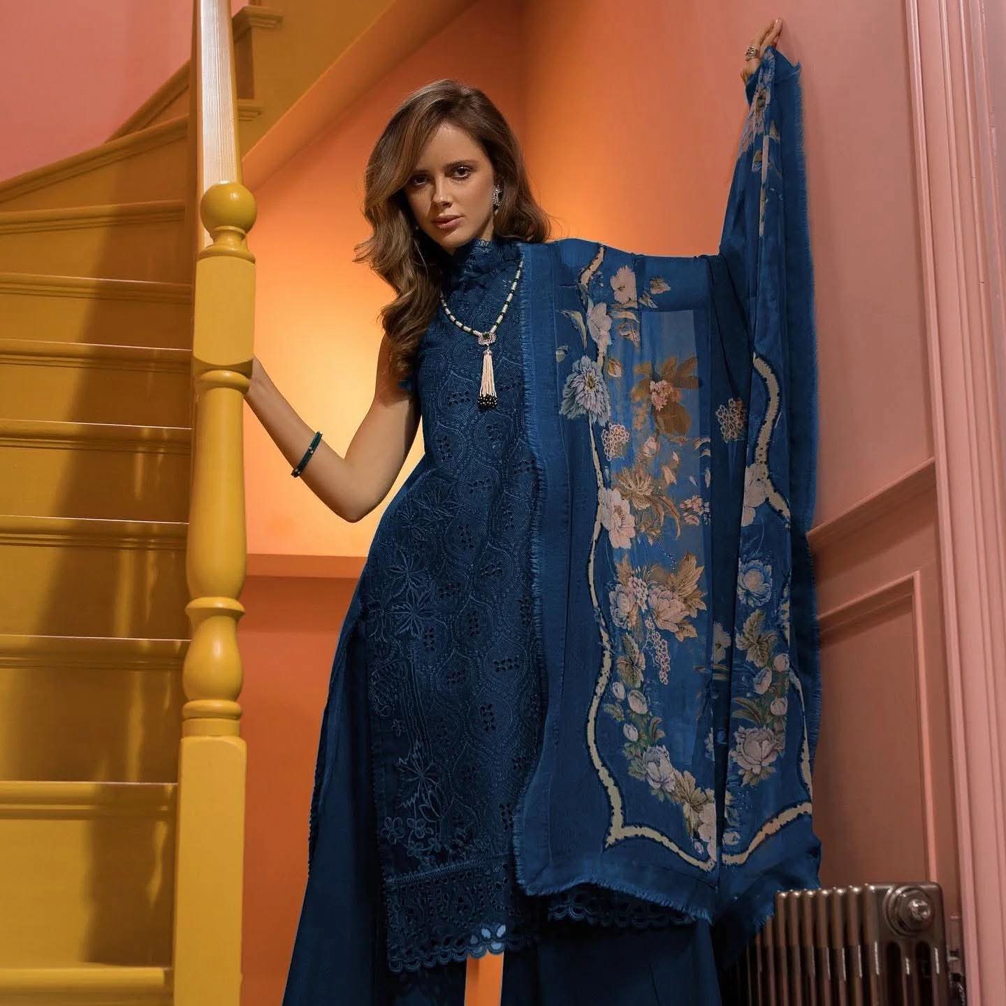 SOBIA NAZIR INSPIRED BLUE LAWN CHIKENKARI EMBROIDERED