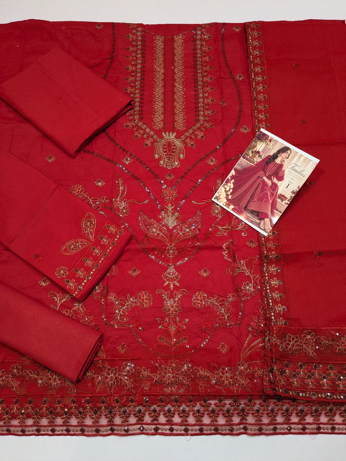 MAHIRA 01 RED LAWN COTTON DRESS WITH CHIFFON DUPPATA