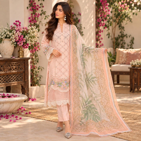 MARIA B INSPIRED PEACH CHIKENKARI LAWN WITH SILK DUPPATA