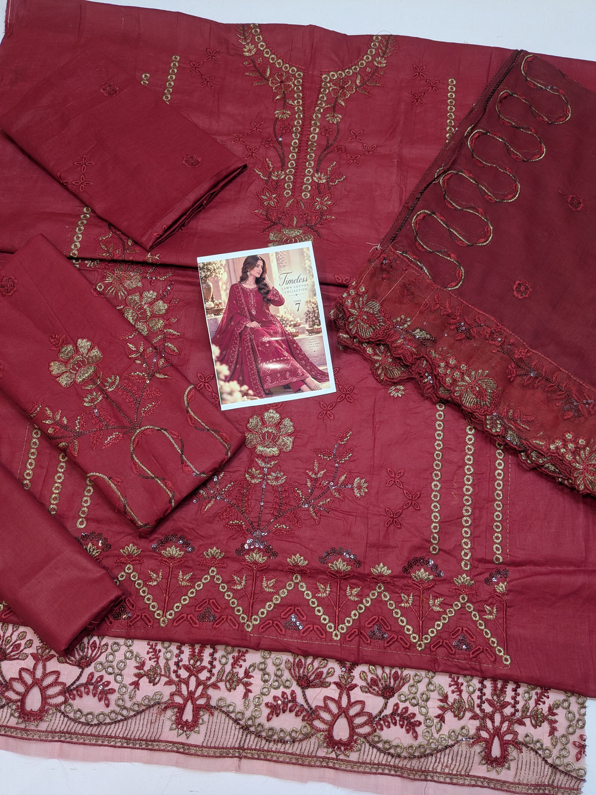 MAHIRA 07 REDDISH PINK LAWN COTTON DRESS WITH CHIFFON DUPPATA