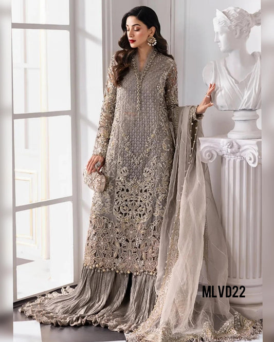 MARIA B AISH GRAY LUXURIOUS EMBROIDERED DRESS