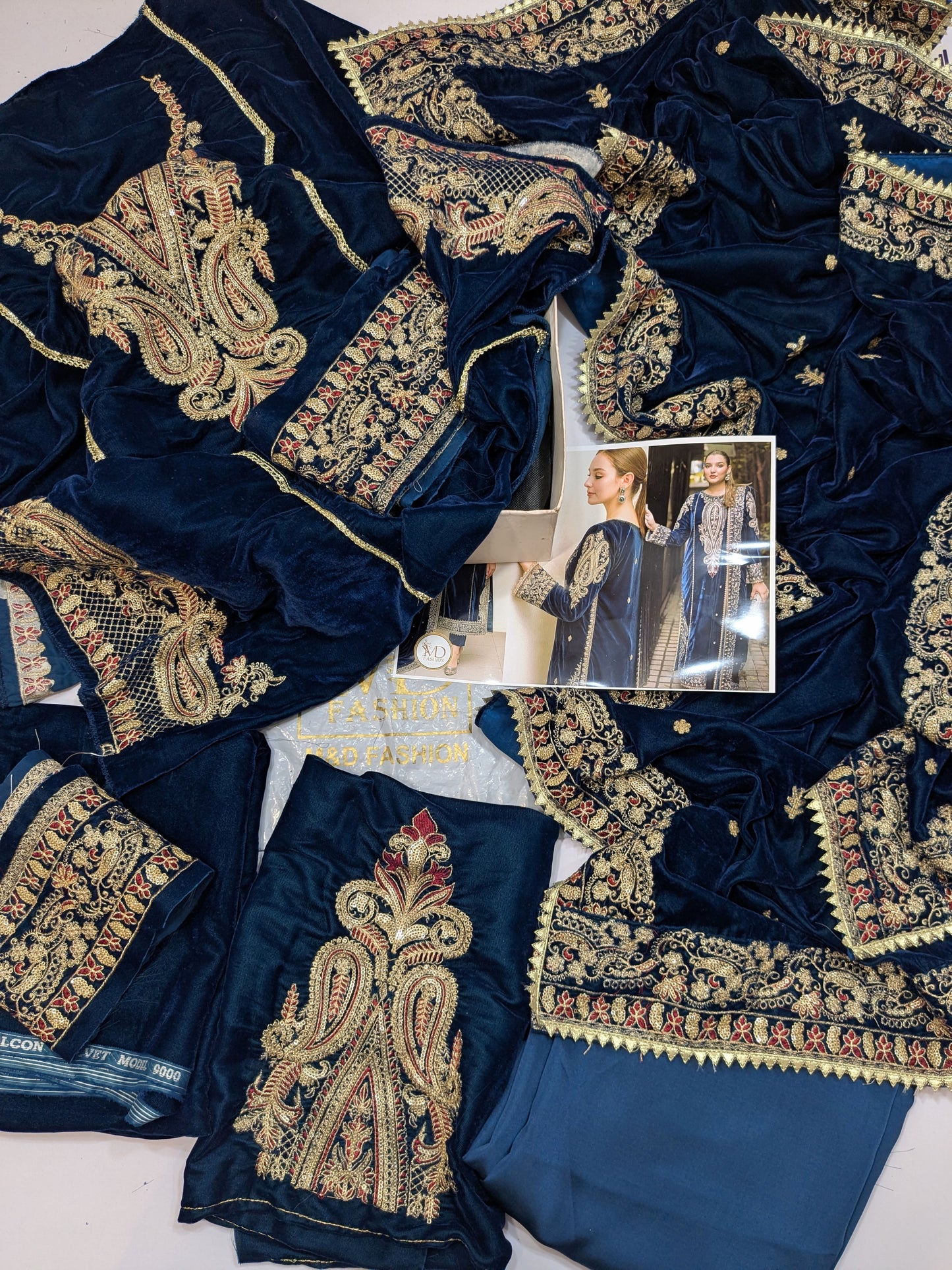 ANEELAS BLUE VELVET DRESS WITH VELVET SHAWL