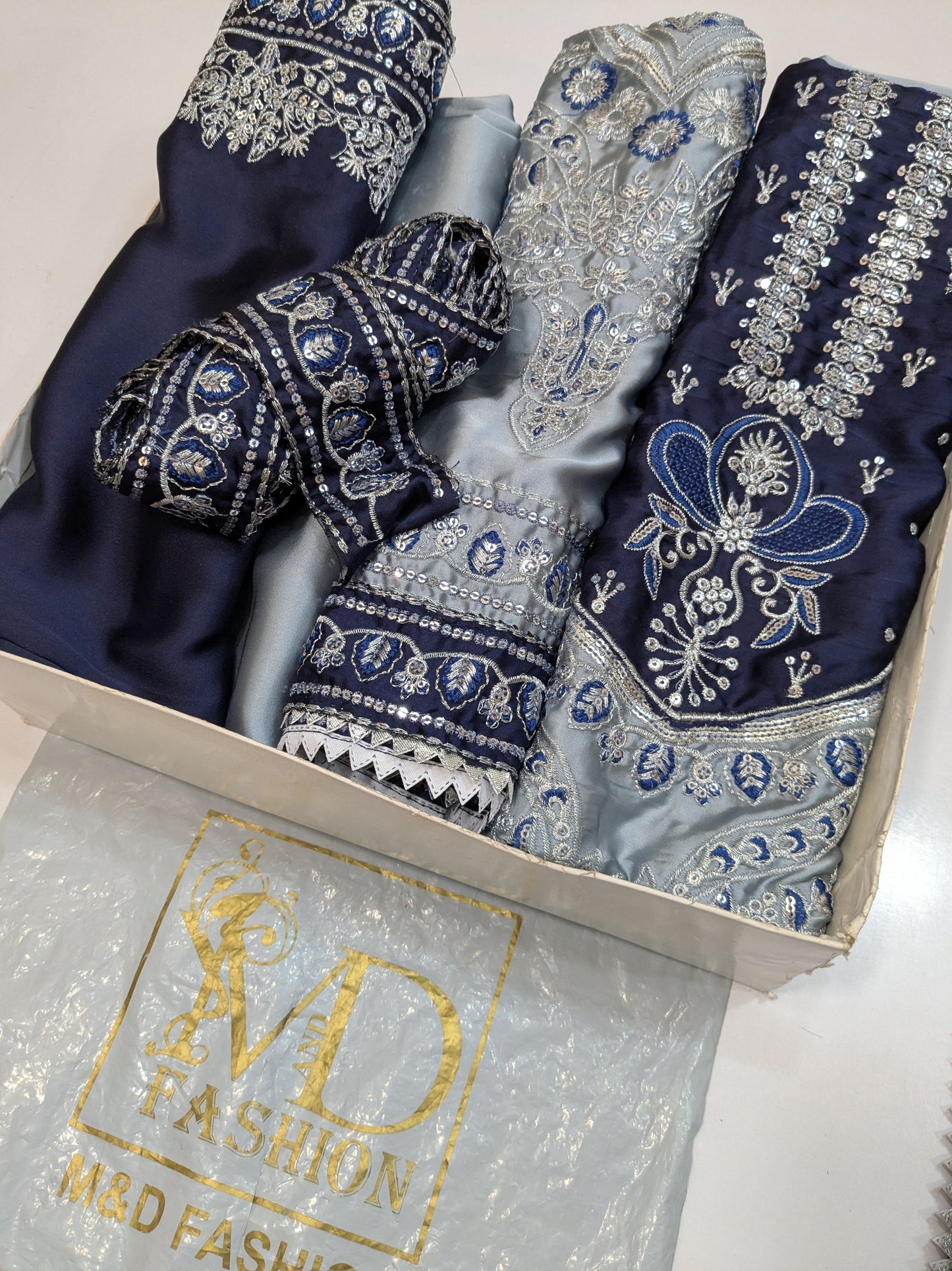 ANEELA GREY BLUE SILK EMBROIDERED