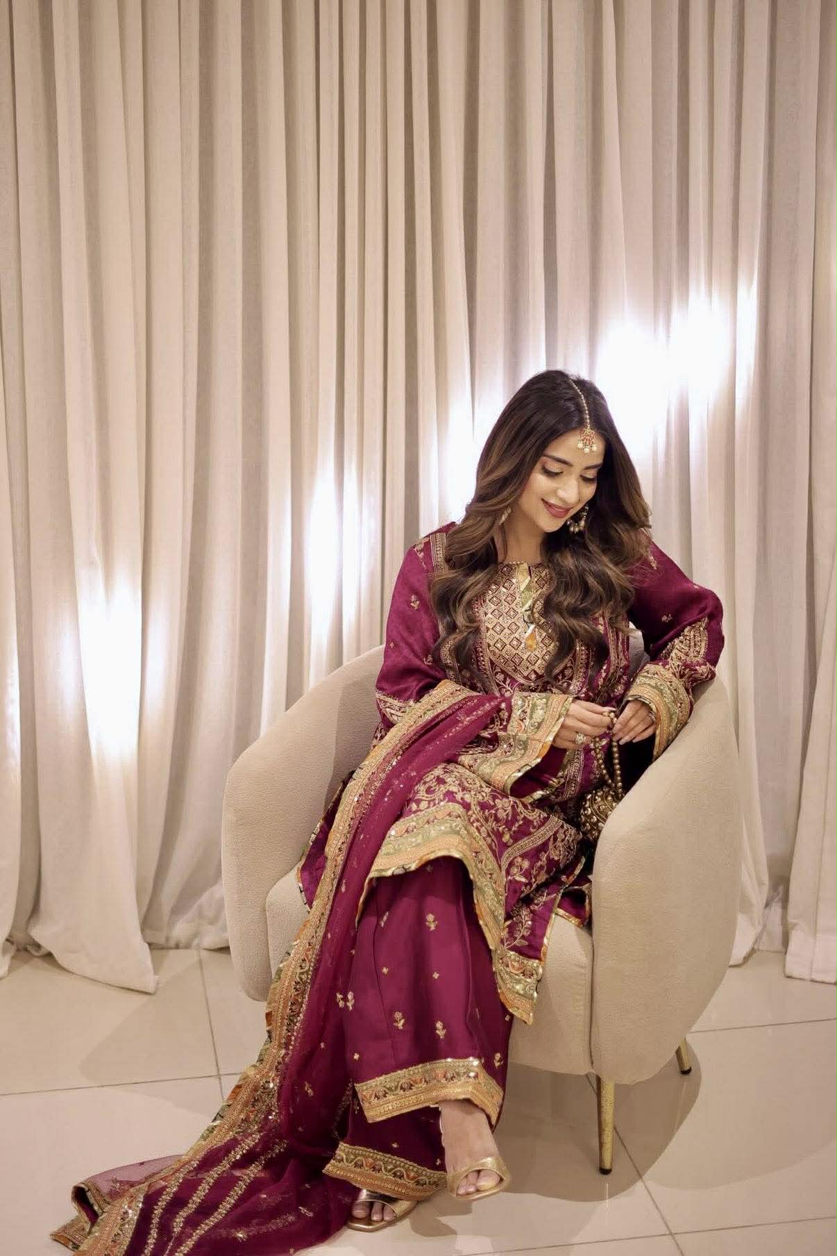 ANEELA SABOOR CHARMEUSE SILK EMBROIDERED DRESS