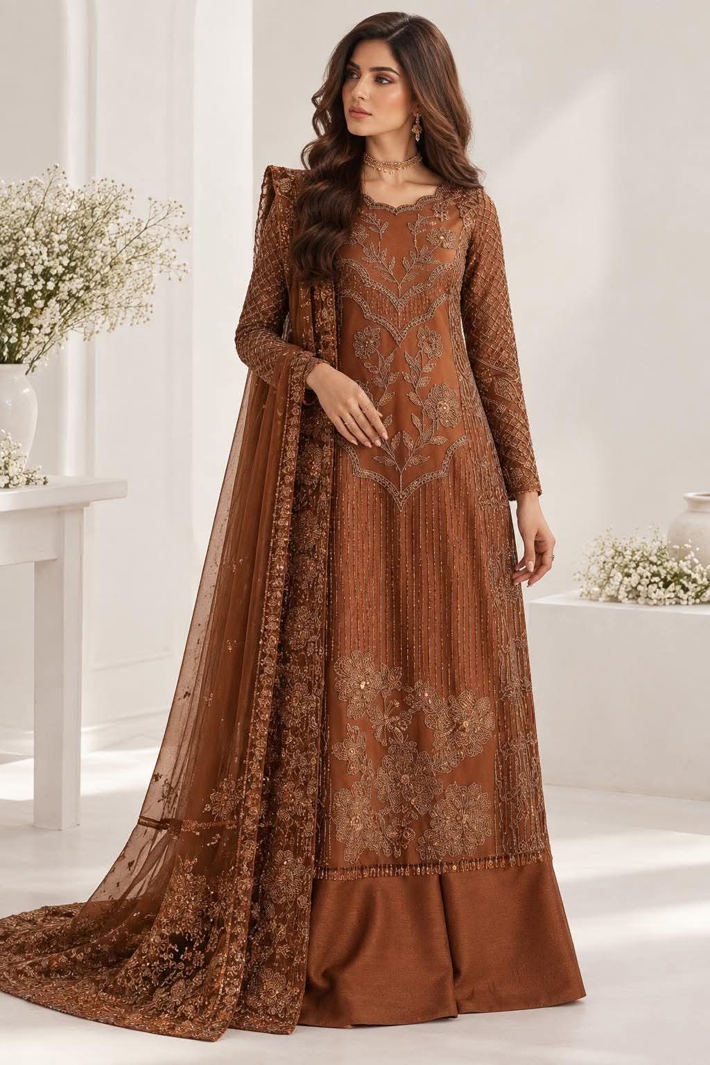 CAIA INSPIRED COPPER BROWN PREMIUM EMBROIDERED DRESS