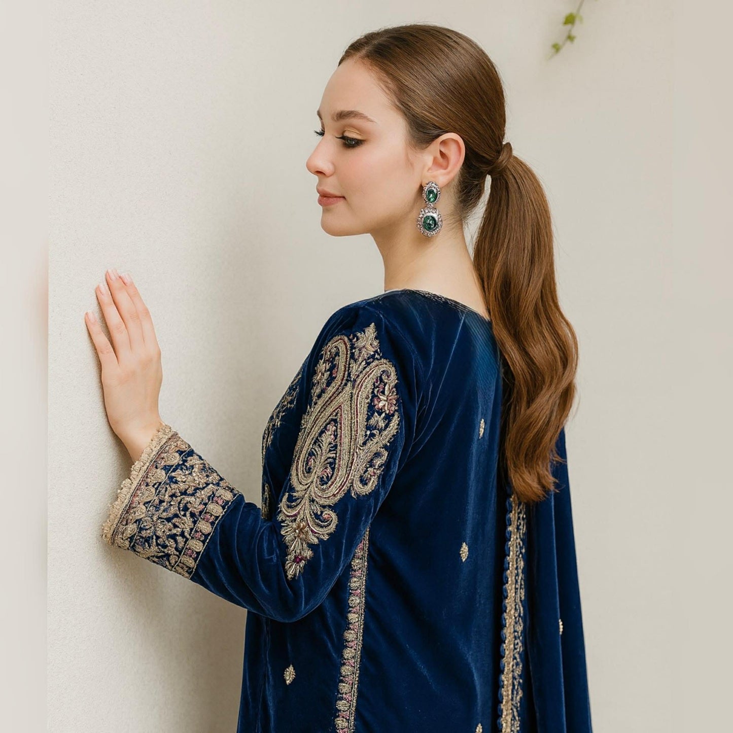 ANEELAS BLUE VELVET DRESS WITH VELVET SHAWL