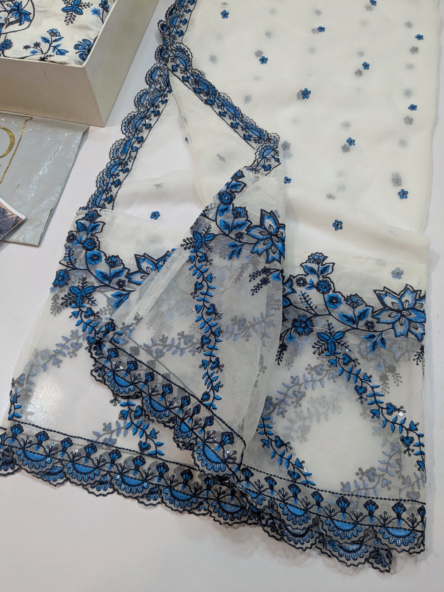 FAIZA SAQLAIN JEHONA KALIDAR BLUE WHITE HEAVY EMBROIDERED