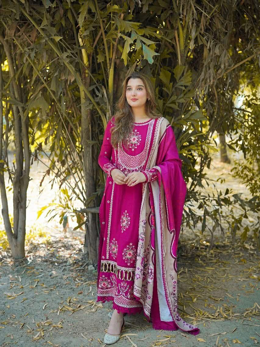ANEELAS COLLECTION KHADDAR SHOCKING PINK DRESS