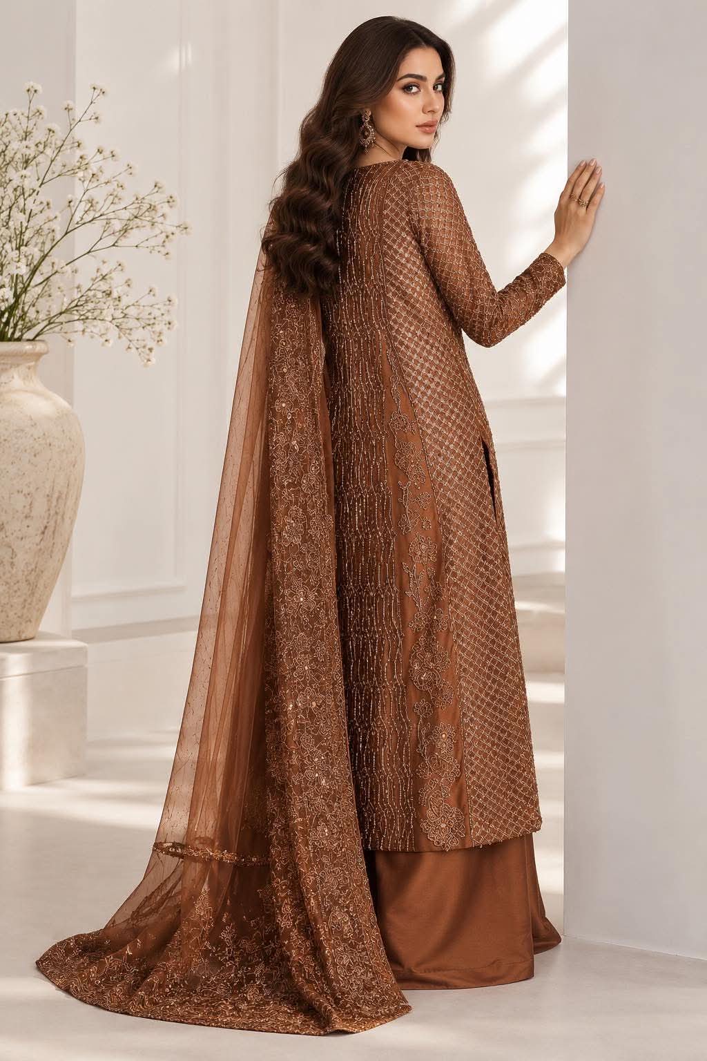 CAIA INSPIRED COPPER BROWN PREMIUM EMBROIDERED DRESS