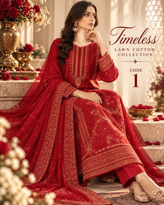 MAHIRA 01 RED LAWN COTTON DRESS WITH CHIFFON DUPPATA