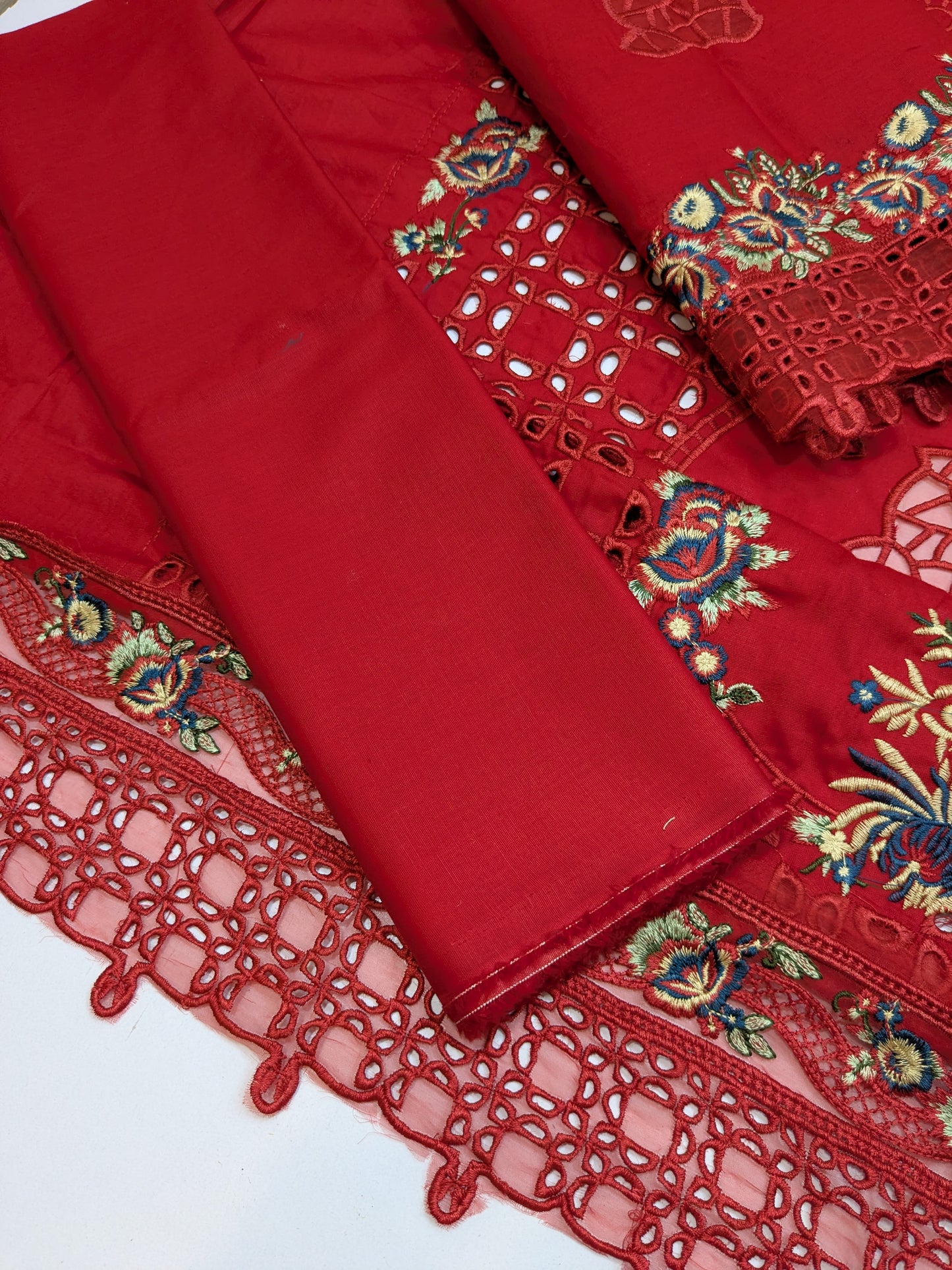 ANEELA RED CHIKENKARI EMBROIDERED