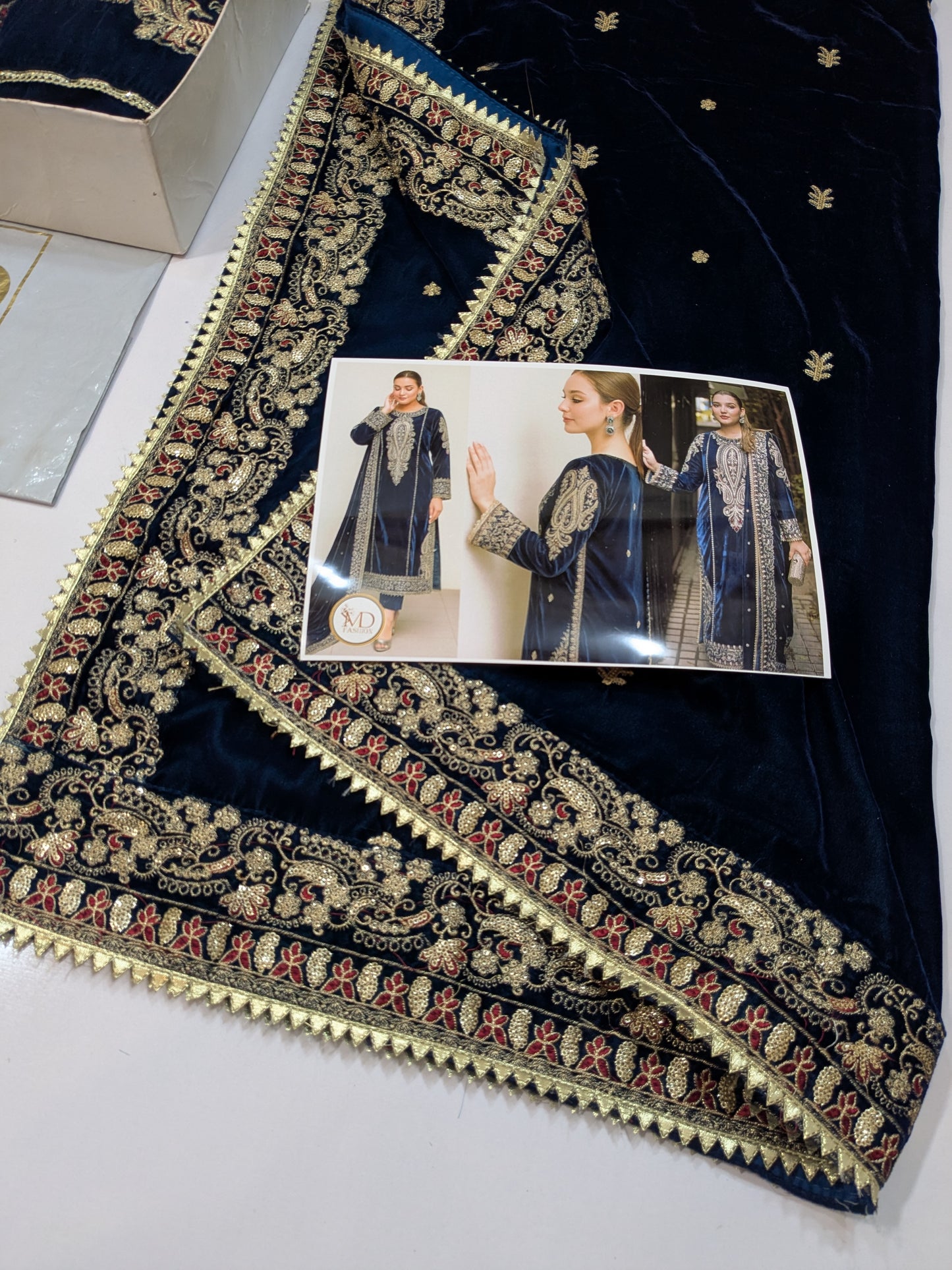 ANEELAS BLUE VELVET DRESS WITH VELVET SHAWL