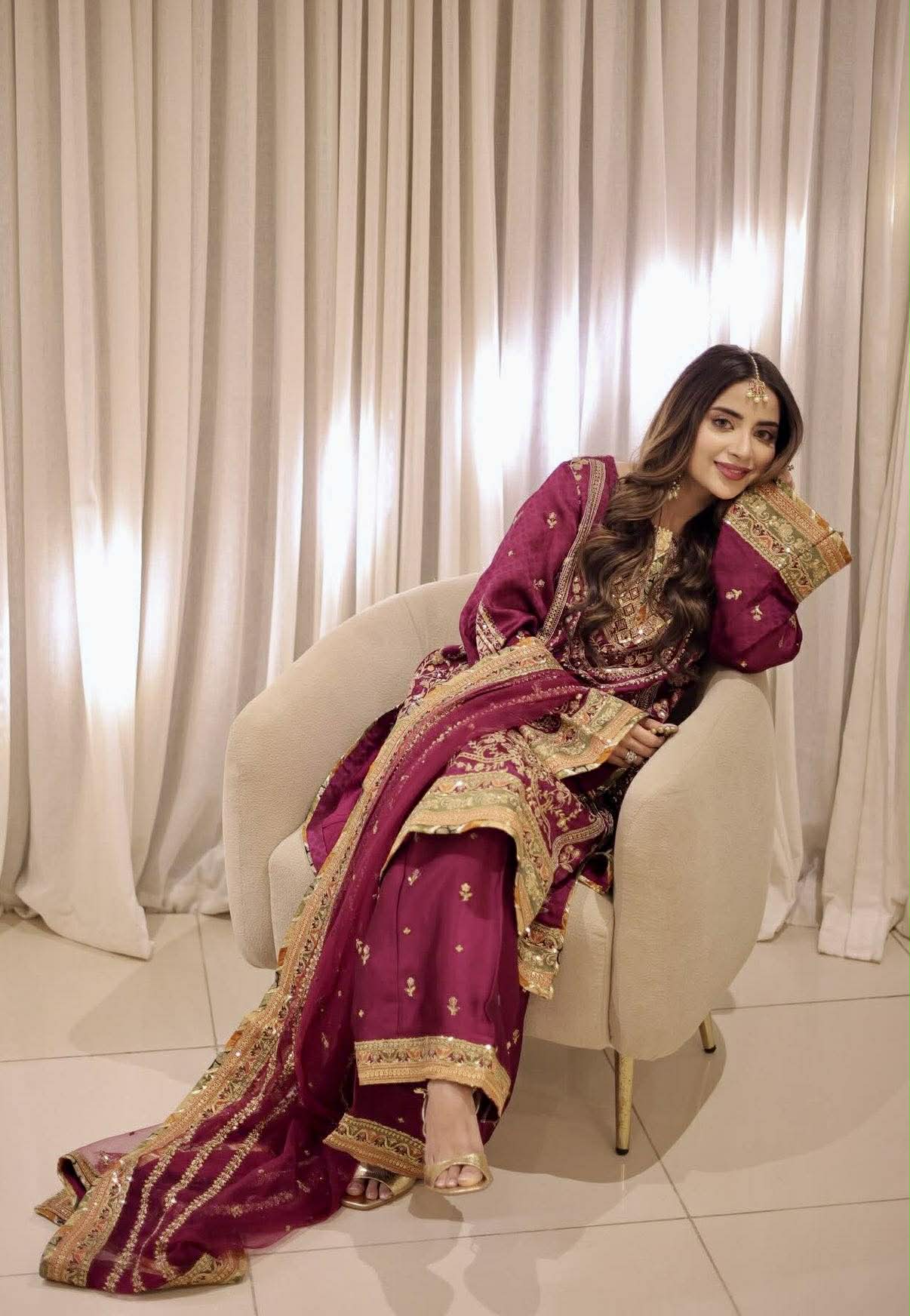 ANEELA SABOOR CHARMEUSE SILK EMBROIDERED DRESS