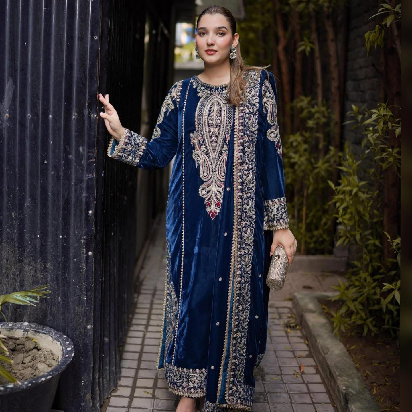 ANEELAS BLUE VELVET DRESS WITH VELVET SHAWL