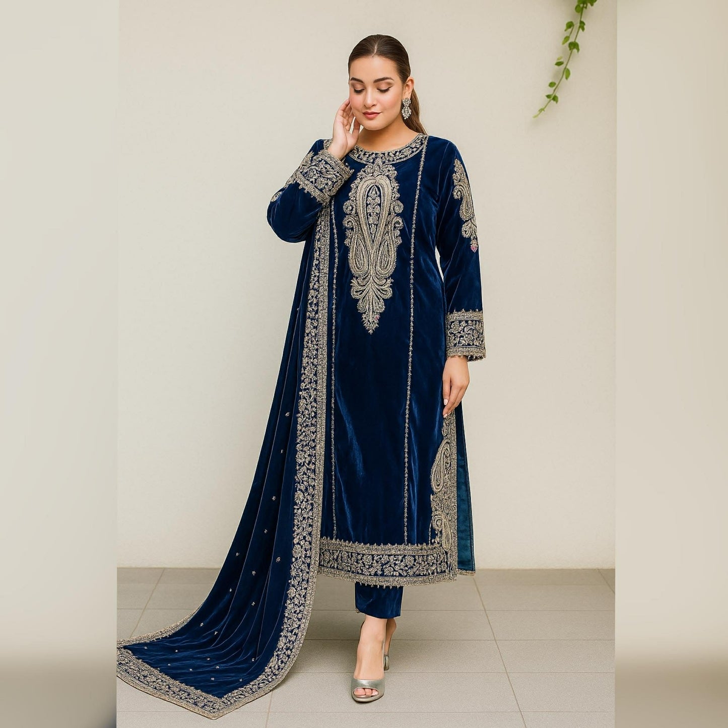 ANEELAS BLUE VELVET DRESS WITH VELVET SHAWL