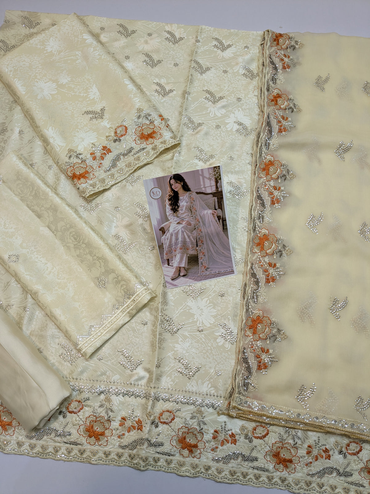 ZARQÉ Ivory Damask Silk Suit with Pure Chiffon Dupatta