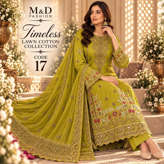 TIMELESS 17 OLIVE LIME LAWN COTTON WITH CHIFFON DUPPATA