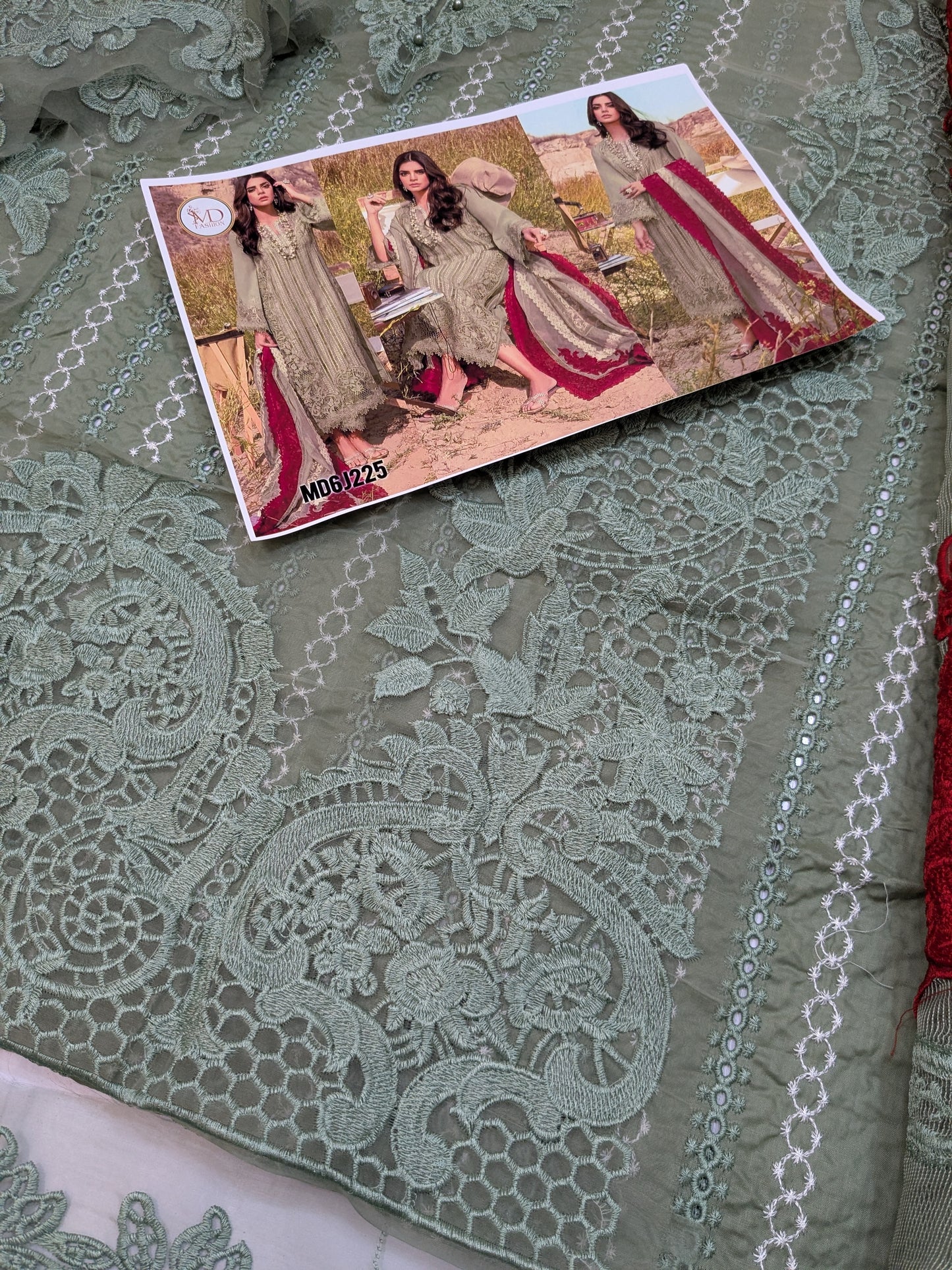 Crimson Opel Chikenkari embroidered Mehndi green