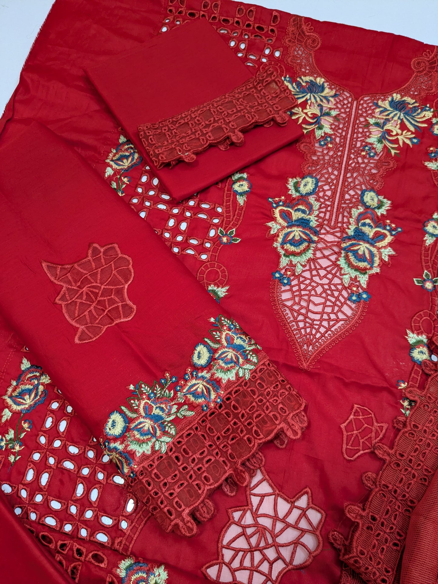 ANEELA RED CHIKENKARI EMBROIDERED