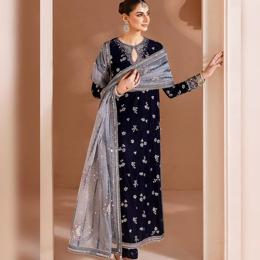 JAZMIN BLUE VELVET WITH GRAY DUPATA 3PC