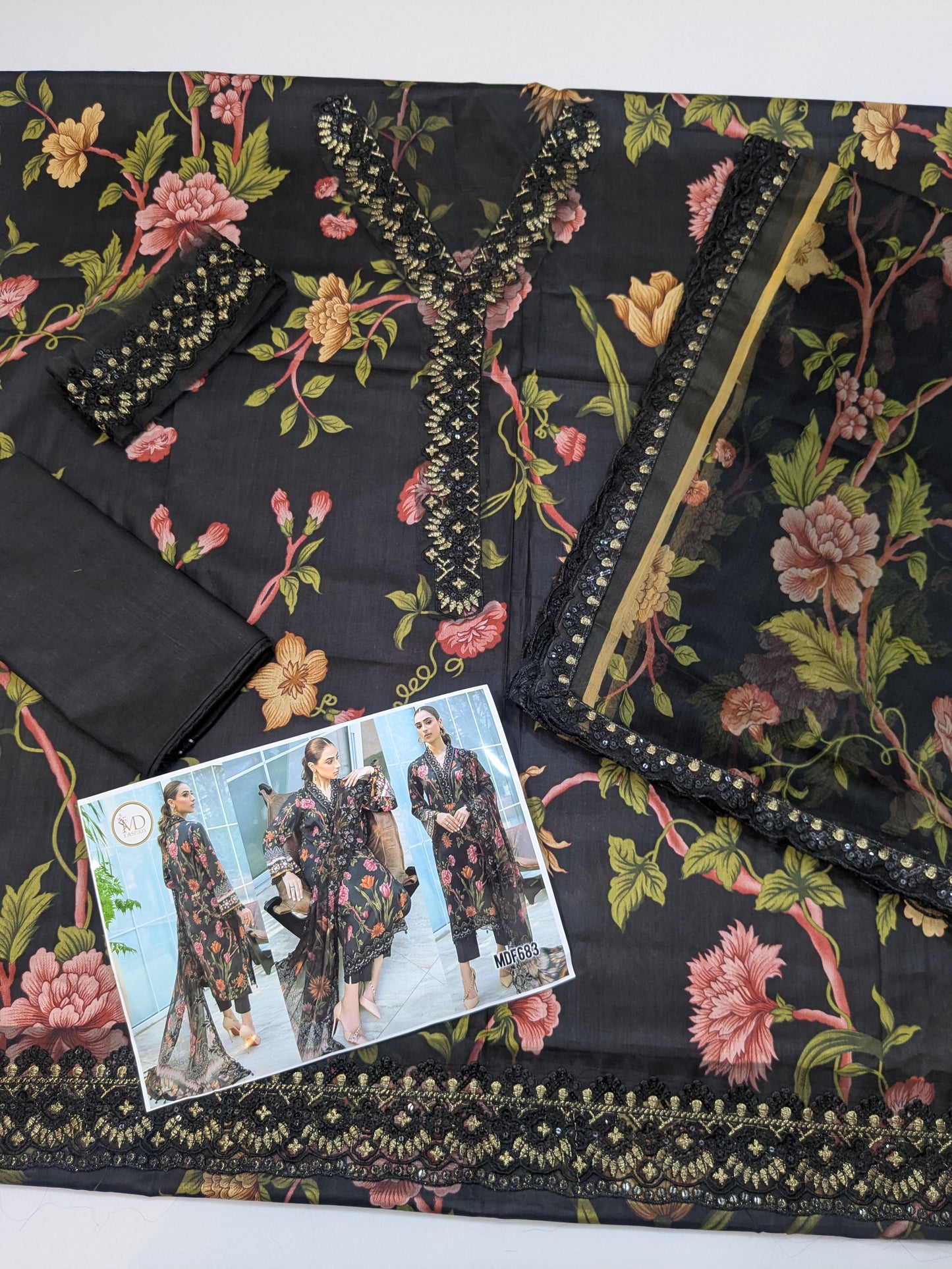 NUREH GARDENIA BLACK LAWN PRINTED EMBROIDERED
