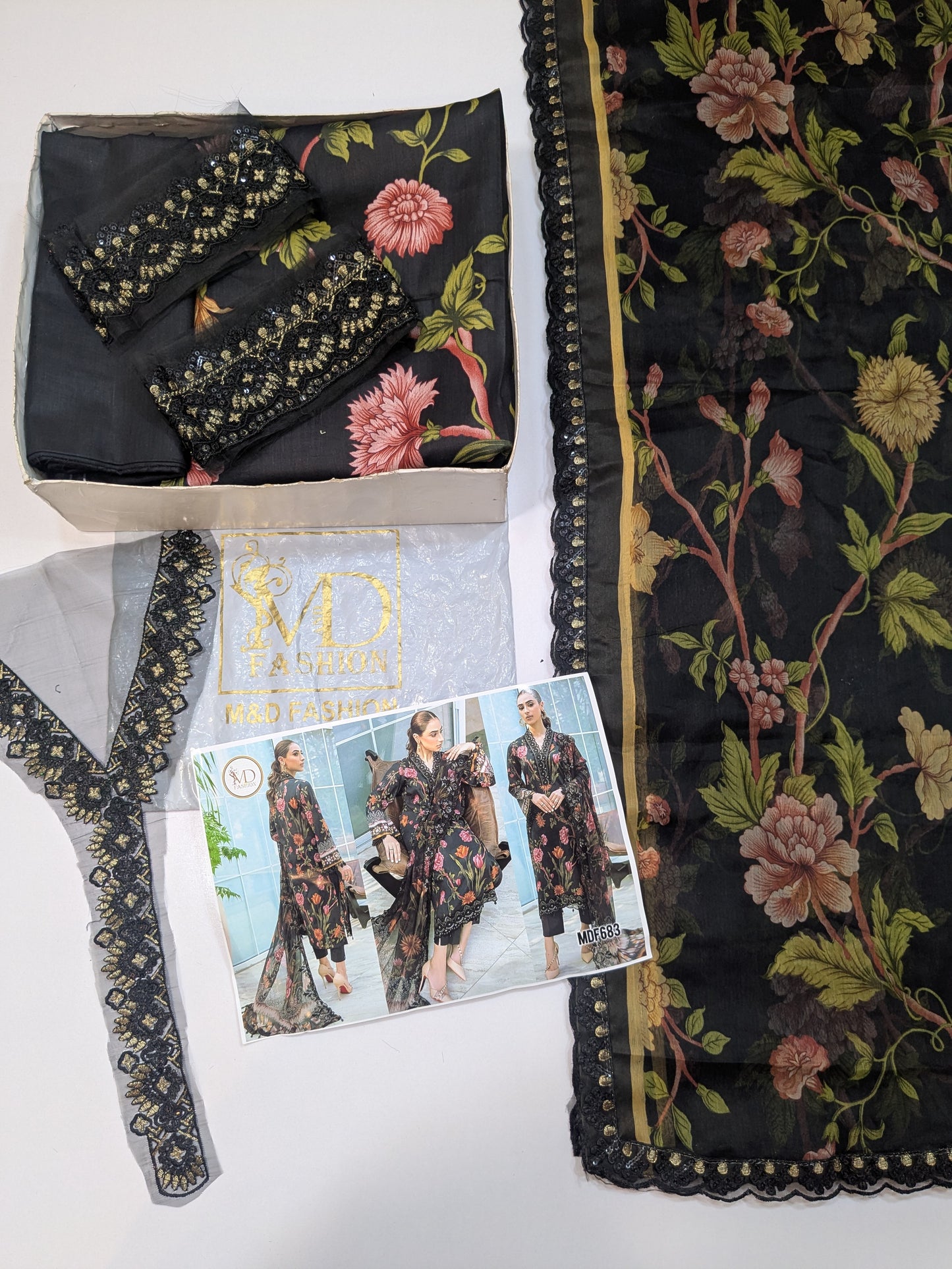 NUREH GARDENIA BLACK LAWN PRINTED EMBROIDERED