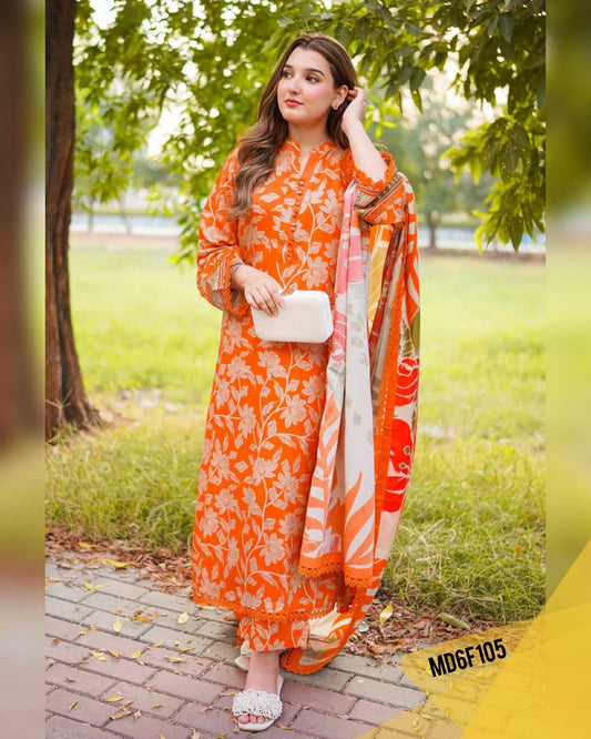 ANEELAS ORANGE LAWN PRINTED EMBROIDERED WITH CORNER DUPPATA