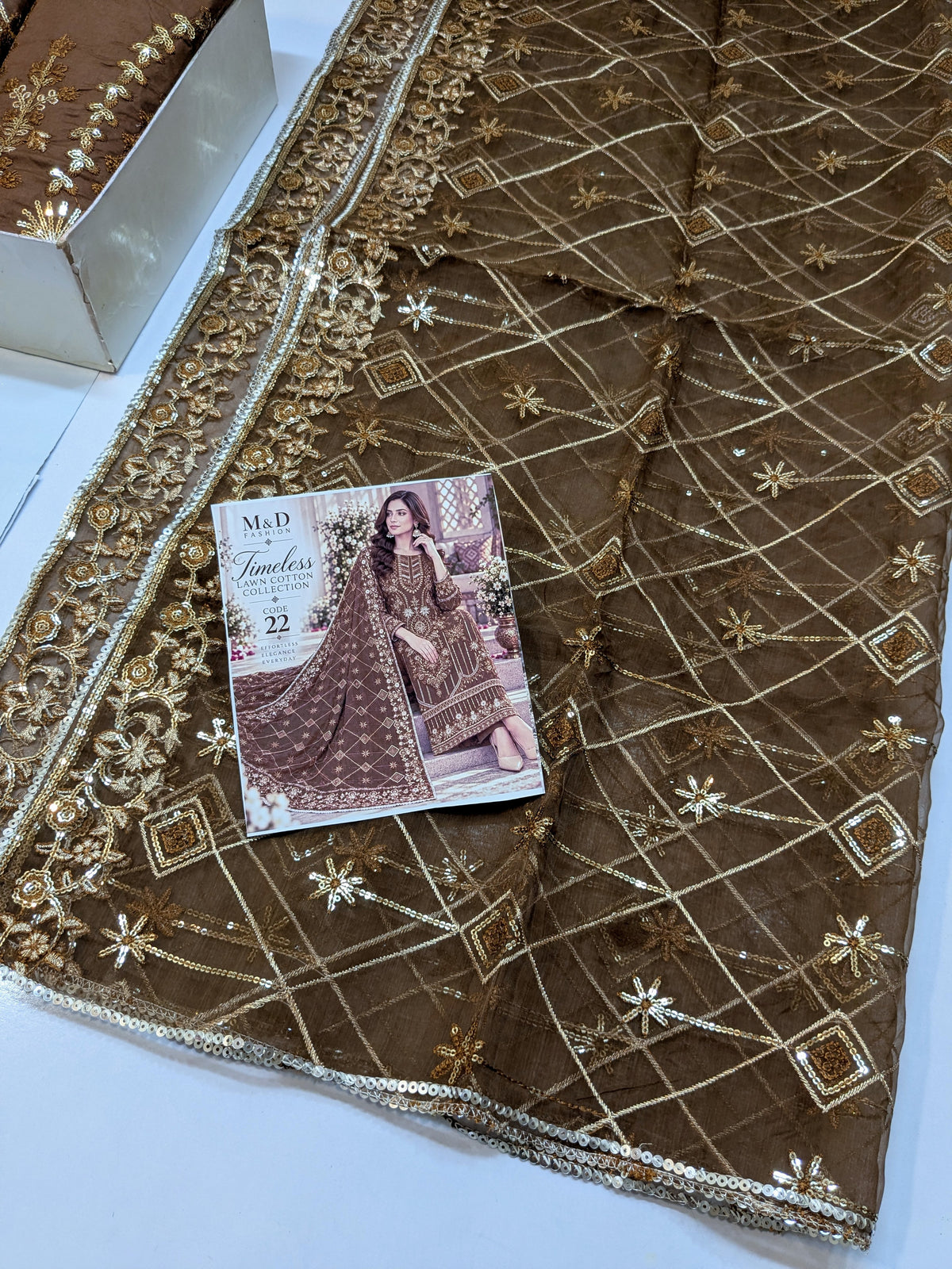 TIMELESS 21 BROWN LAWN COTTON WITH ORGANZA DUPPATA