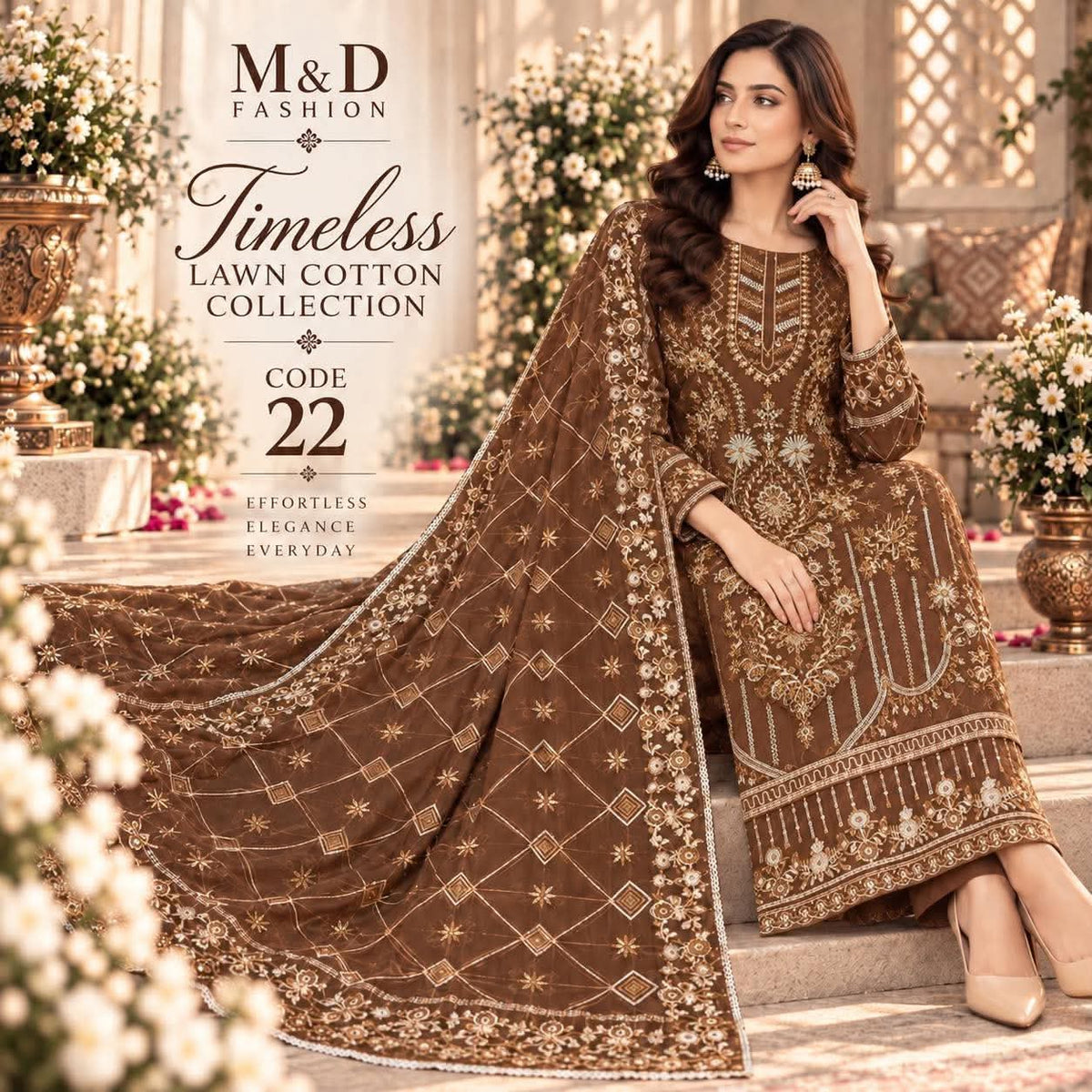 TIMELESS 21 BROWN LAWN COTTON WITH ORGANZA DUPPATA