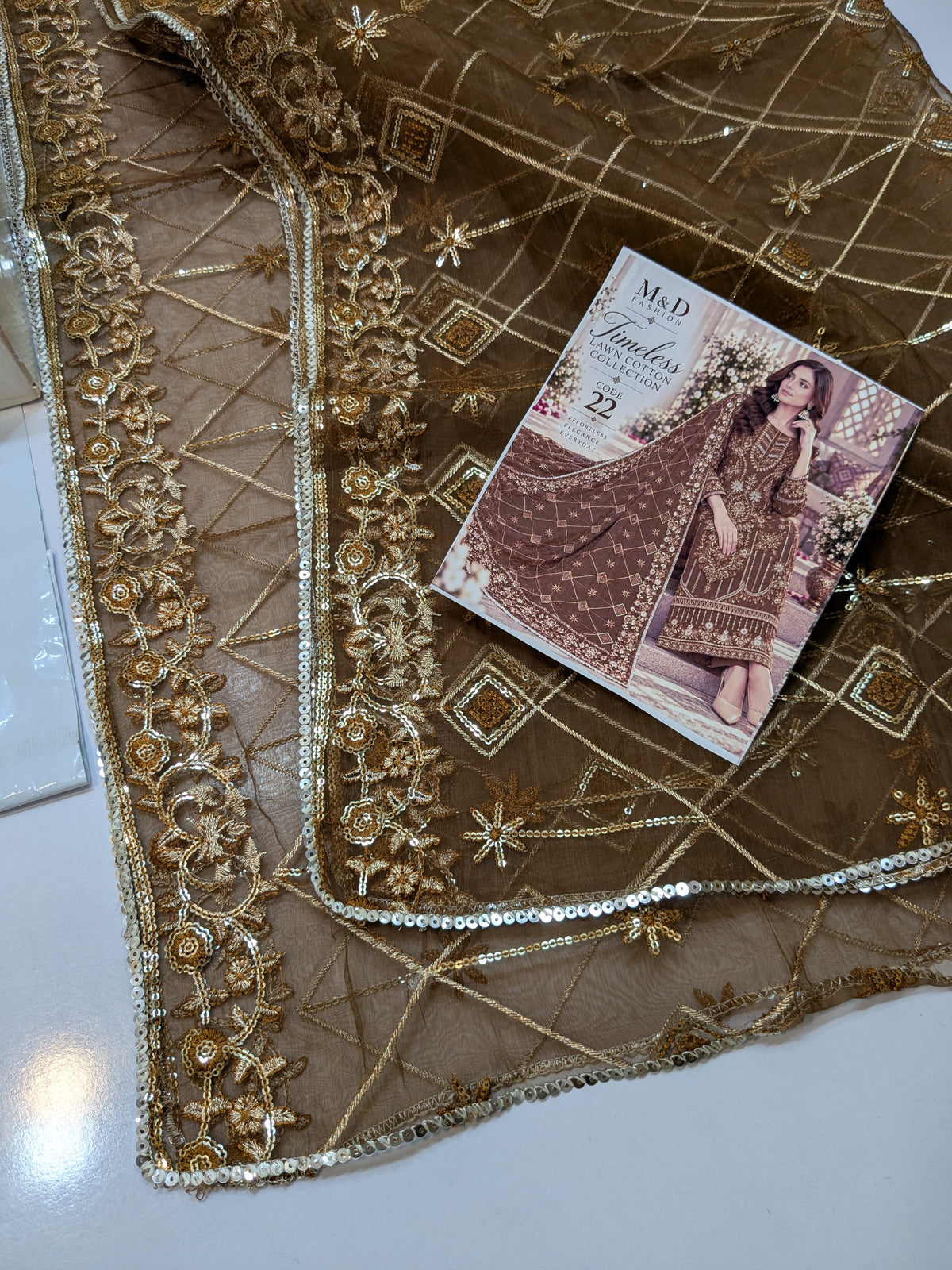 TIMELESS 21 BROWN LAWN COTTON WITH ORGANZA DUPPATA