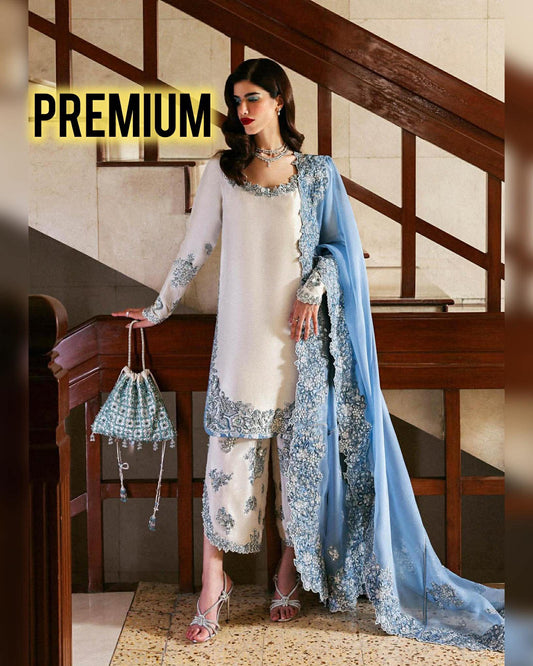 HUSSAIN REHAR VIRELLE PREMIUM RAW SILK HAND EMBELLISHED 3 PIECE UNSTICHED