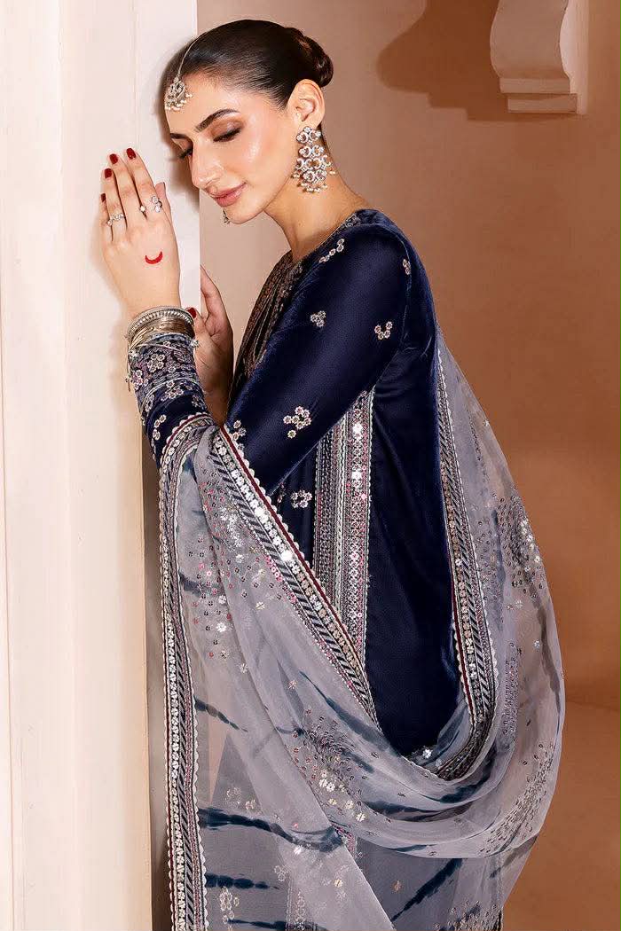 JAZMIN BLUE VELVET WITH GRAY DUPATA 3PC