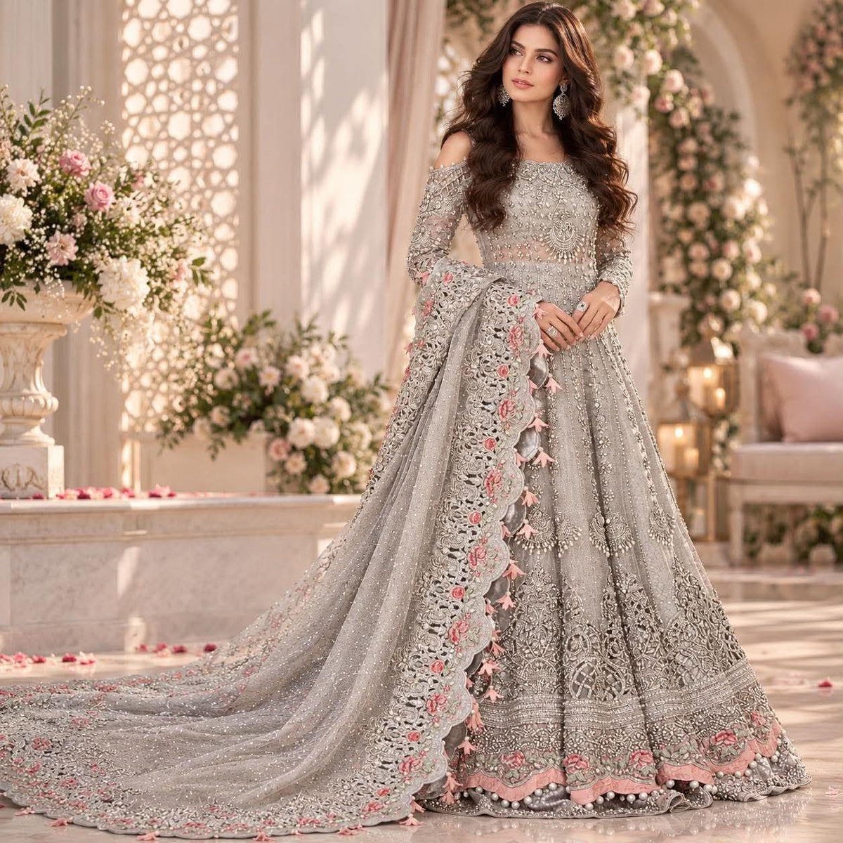 MARIA B INSPIRED SILVER NET EMBROIDERED MAXI LAHENGA