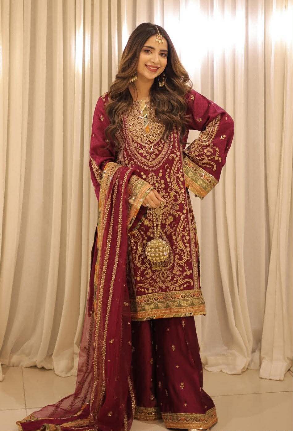 ANEELA SABOOR CHARMEUSE SILK EMBROIDERED DRESS